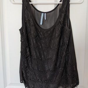 Detailed Beaded and Lace Black Tank Top